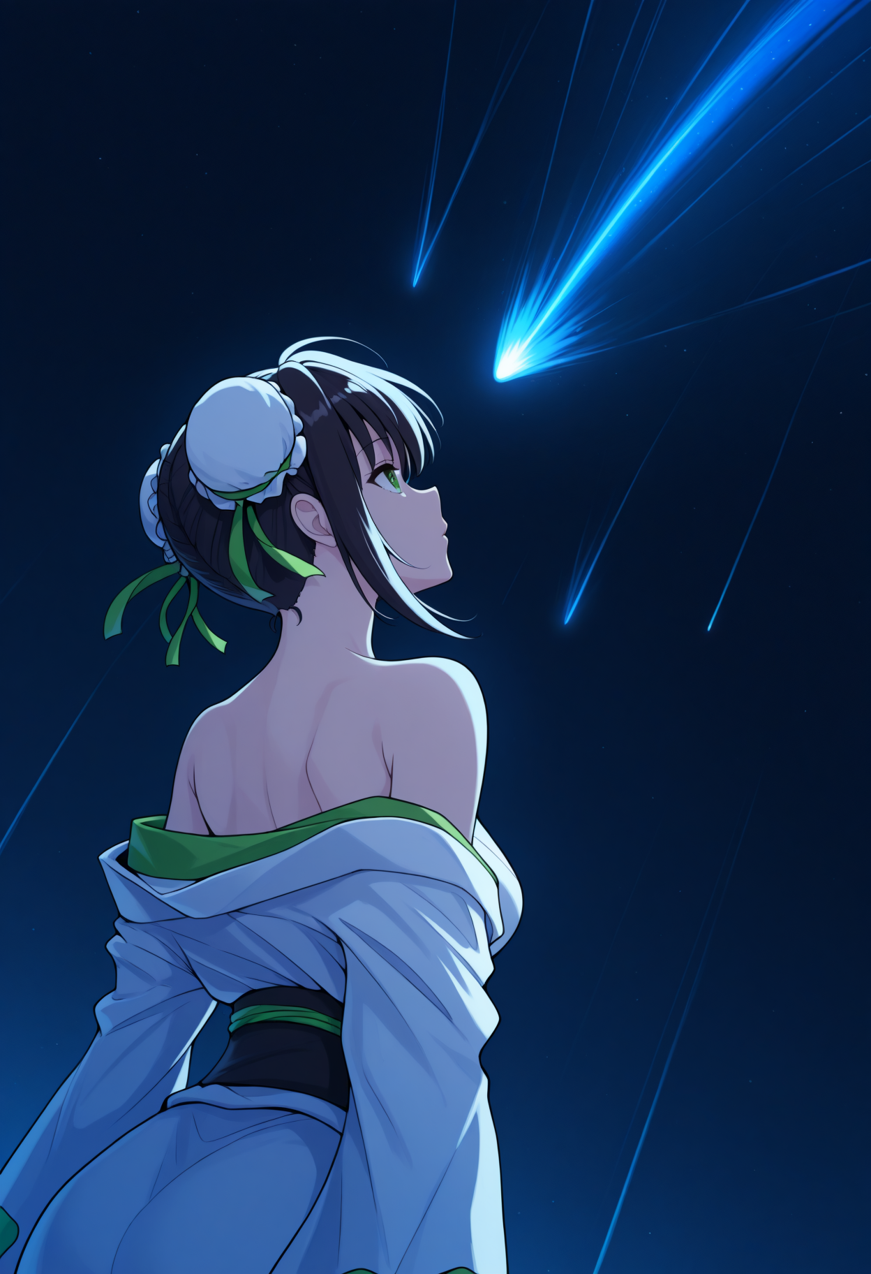 masterpiece, best quality, 1girl, solo, L1ang, green eyes, black hair, double bun, bun cover, sidelocks, from behind, from side, looking up, looking to the side, negative space, white kimono, off shoulder, back, from below, dynamic angle, dutch angle, comet, light trail, blue theme, dark theme, night, high contrast, shining comet, glowing comet, <lora:ChamQinLiangyuNoob:1>