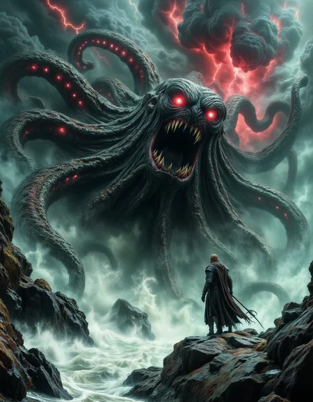 The Abyssal Leviathan Awakens From the depths of a storm-lashed ocean, a colossal tentacled horror rises, its gaping maw filled with endless rows of jagged teeth, its glowing red eyes piercing through the mist. Its writhing appendages, covered in ancient scars and pulsating veins, thrash wildly, sending towering waves crashing against the jagged cliffs. A lone warrior, clad in sea-worn armor, stands defiantly on the rocky shore, gripping a runed harpoon, his tattered cloak whipping in the wind. The sky churns with crimson lightning and swirling black clouds, as if the heavens themselves are reacting to the leviathanâs return. The atmosphere is chaotic, overwhelming, and apocalyptic, capturing the moment before an inevitable clash between man and nightmare.
<lora:dark-fantasy-flux:1>