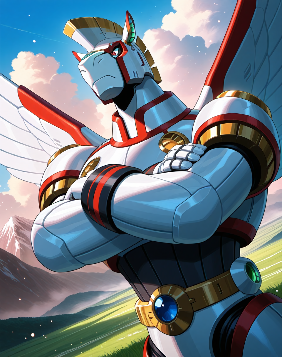 <lora:Spiral_Pegasus_(Mega_Man_X)_(Illustrious)_(AD):1> Spiral Pegasus, reploid, MMX, 
exterior, blue sky with clouds, mountain valley, grassy valley,
dutch angle, dynamic action, cowboy shot,
male focus, intense shadows, dynamic shadows, intricate details, attention to details, gradient coloring, robot, bright vivid colors, deep metallic colors, glossy metal body, arms crossed, 
BREAK very awa, masterpiece, best quality, amazing quality, very aesthetic, highres, absurdres,
EZRealPONYXL, zPDXL, Smooth Quality, lazynsfw,