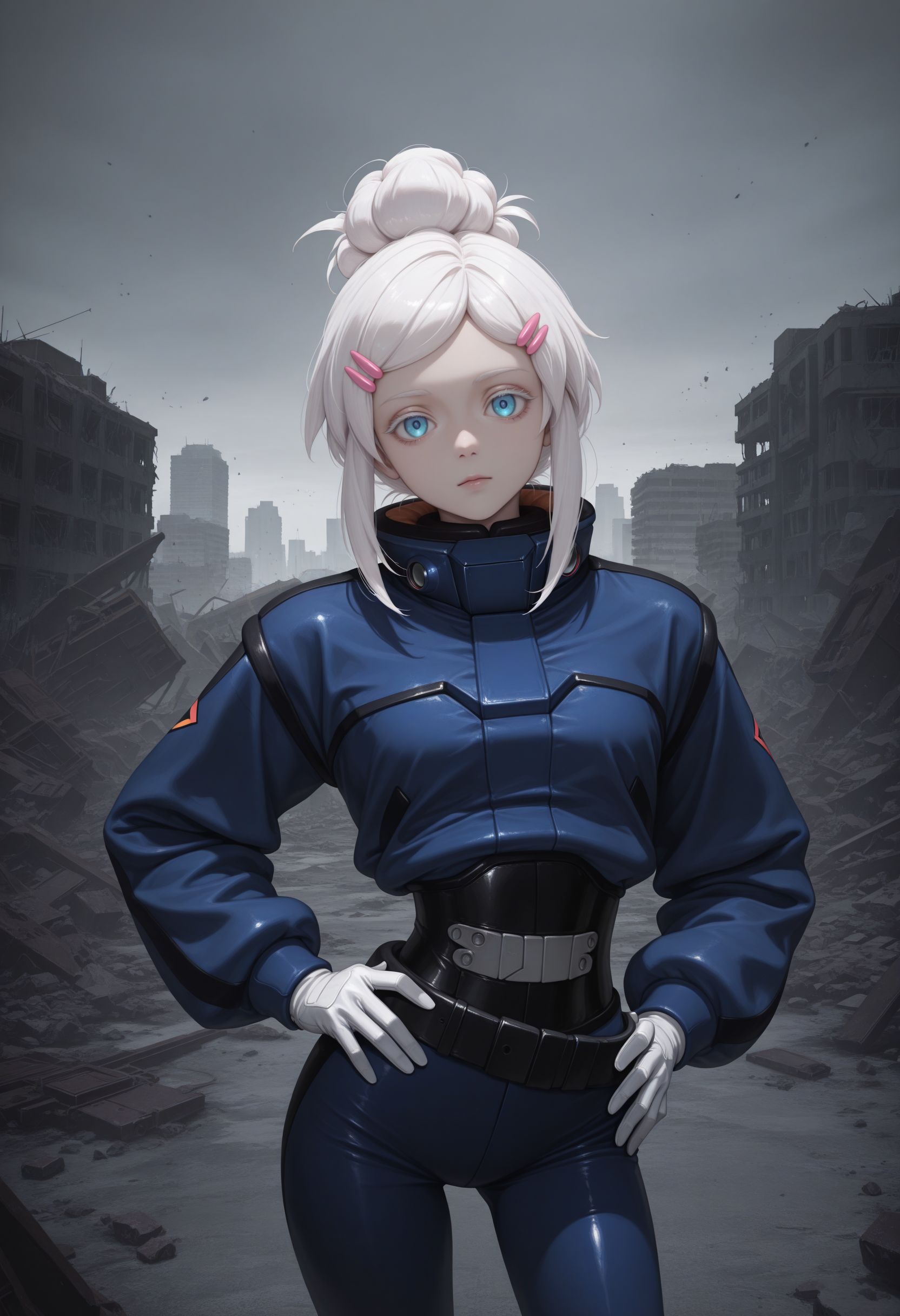 masterpiece, best quality, newest, (realistic:0.5), solo, looking at viewer, outdoors, grey sky, city, abandoned, debris, hand on hips, 
 <lora:Deux illu:1>1girl, white hair, single hair bun, white eyelash, hairclip, hair ornament, blue eyes, blue jacket, pilot suit, belt, white gloves, mobile suit