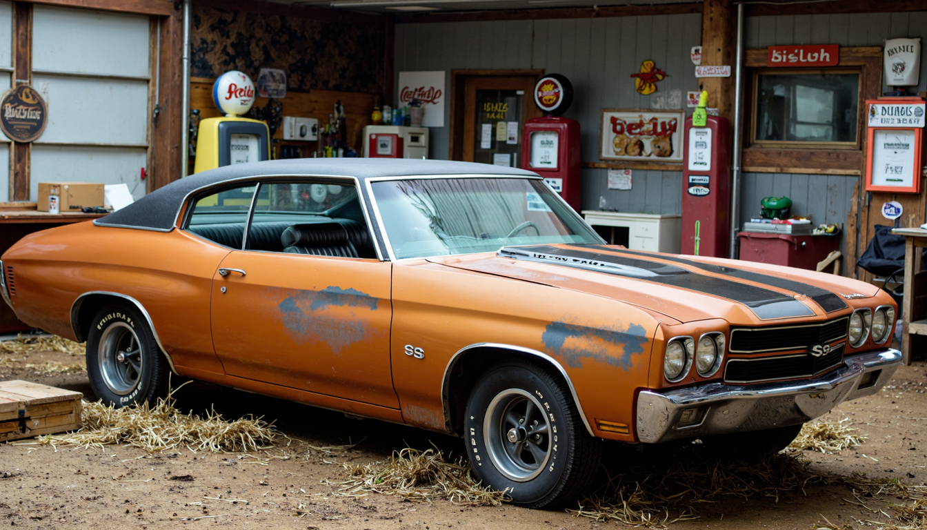 1970chevelless parked in a dilapidated barn, two tone paint, patina texture, covered in dust, flat tires, abandoned and forgotten car, dirt and hay on the ground, old gas station signage, tools, vintage empty bottles, boxes of old newspapers, pinup calendar on wall,
extremely detailed, sharp focus, sharp