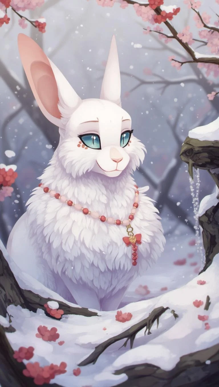 <lora:ck-LttleGhost-000011.safetensors:1> in the style of ck-lttlegh0stA photograph captures a whimsical scene: a white rabbit wears a red-beaded necklace amidst a snowy forest with pink-hued berries, against a backdrop of soft, ethereal snowfall. The overall atmosphere is peaceful and magical.