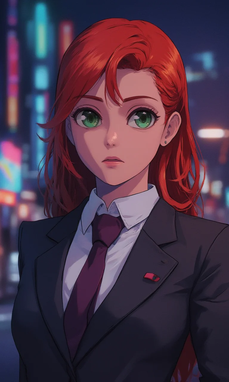 mature woman wearing a suit and tie close up portrait photo , red hair, green eyes, closeup on facecyberpunk anime city at night, comic illustration<lora:Flux\mine\bigeyes.safetensors:1.0:1.0> <lora:Flux\CPA.safetensors:0.7000000000000001:0.7000000000000001>