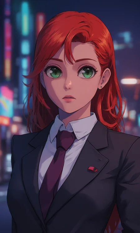 mature woman wearing a suit and tie close up portrait photo , red hair, green eyes, closeup on facecyberpunk anime city at night, comic illustration<lora:Flux\mine\bigeyes.safetensors:1.0:1.0> <lora:Flux\CPA.safetensors:0.7000000000000001:0.7000000000000001>