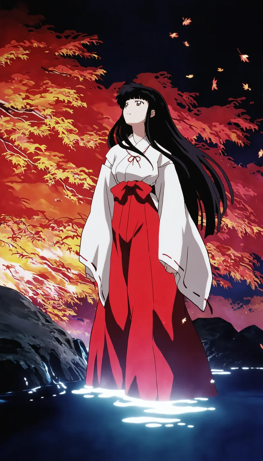 masterpiece,best quality,amazing quality,
<lora:kikyoNAI:1>,k1ky0,
1girl,solo,black hair,bangs,long hair,brown eyes,miko outfit,red ribbon necklace,red hakama,on bank,
standing,looking to the side,looking up,
outdoors,dark,river bank,autumn maple forest,glowing water surface,falling maple,