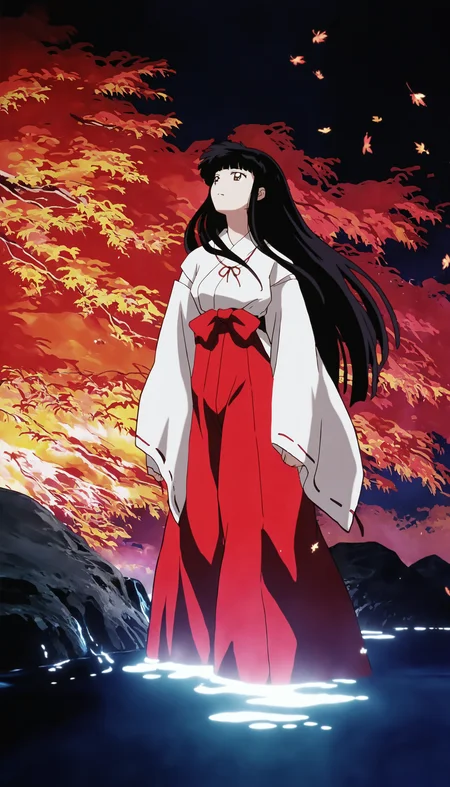masterpiece,best quality,amazing quality,
<lora:kikyoNAI:1>,k1ky0,
1girl,solo,black hair,bangs,long hair,brown eyes,miko outfit,red ribbon necklace,red hakama,on bank,
standing,looking to the side,looking up,
outdoors,dark,river bank,autumn maple forest,glowing water surface,falling maple,