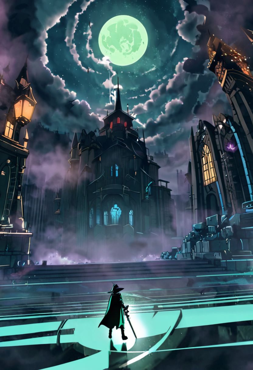 houtline, digital_art, (Best quality), standing, building, weapon, hat, pillar, from_behind, a wizard  fighting a legendary chess boss, glowing, cape, fog, silhouette, full_body, outdoors, sword, indoors, holding, long_hair, night, 1boy, fight_group, sky, (scenery),  holding_weapon, stairs, (monster), battle, dress, facing_away, (boss_fight:1.2), cloak, hood, long_sleeves, arch, witch_hat, male_focus, lamppost, blonde_hair, ruins, gloves, sitting, science_fiction, dark, light, reflection, full_moon, floating, witch, bridge, hitodama, holding_sword, legendary_monster, coat, night_sky, (dutch_angle), (size_difference:1.4), street_view, street, glowing_eyes, light_rays, rain, motion_blur, motion_lines,  from_side, chess_(theme), tower_(theme), chess, queen_chess_piece, Piece_monster, , boots, short_hair, railing, sign, ghost, crystal, wide_sleeves, pants, lights, skyscraper, red_eyes, walking, cloud, blue_hair, hooded_cloak, multiple_girls, epic, staff, (statue), riding, creature, legs_apart, full_armor, castle, planted_weapon, purple_lights, smoke, purple smoke, Aqua_(theme)