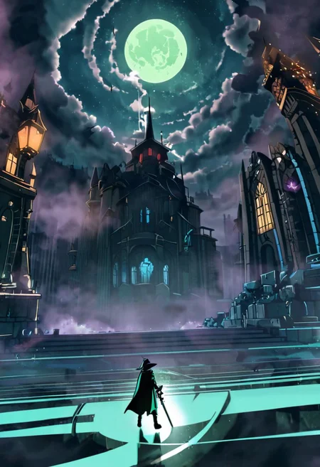 houtline, digital_art, (Best quality), standing, building, weapon, hat, pillar, from_behind, a wizard  fighting a legendary chess boss, glowing, cape, fog, silhouette, full_body, outdoors, sword, indoors, holding, long_hair, night, 1boy, fight_group, sky, (scenery),  holding_weapon, stairs, (monster), battle, dress, facing_away, (boss_fight:1.2), cloak, hood, long_sleeves, arch, witch_hat, male_focus, lamppost, blonde_hair, ruins, gloves, sitting, science_fiction, dark, light, reflection, full_moon, floating, witch, bridge, hitodama, holding_sword, legendary_monster, coat, night_sky, (dutch_angle), (size_difference:1.4), street_view, street, glowing_eyes, light_rays, rain, motion_blur, motion_lines,  from_side, chess_(theme), tower_(theme), chess, queen_chess_piece, Piece_monster, , boots, short_hair, railing, sign, ghost, crystal, wide_sleeves, pants, lights, skyscraper, red_eyes, walking, cloud, blue_hair, hooded_cloak, multiple_girls, epic, staff, (statue), riding, creature, legs_apart, full_armor, castle, planted_weapon, purple_lights, smoke, purple smoke, Aqua_(theme)