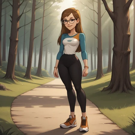 score_9, score_8, BREAK, solo, 1girl, multicolored long sleeves, undershirt, leggings, glasses, brown hair, long hair, black eyes, sneakers, breasts, total drama, Mary_(Total_Drama), tdtrr, cute, bracelet, sexy pose, full body, smile, outdoors, sunlight, shadows, evening lighting, natural lighting, forest, trees, grass, orange sky, sunset
