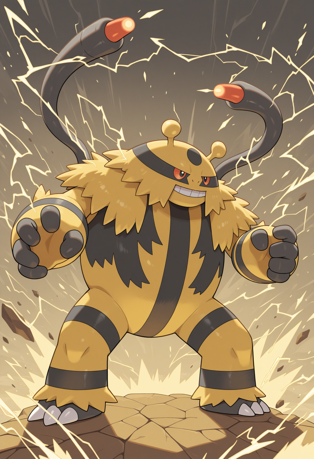 solo, electivire, pokemon \(creature\), red eyes, anthro, abstract background, electricity, wind, three-quarter view, 3 toes, 5 fingers, perfect anatomy, masterpiece, perfect quality, best quality, detailed, newest, very aesthetic 
perfect anatomy, masterpiece, perfect quality, best quality, detailed, newest, very aesthetic  <lora:Electivire_Pokemon_V1_ILXL:1.0000000000000002>