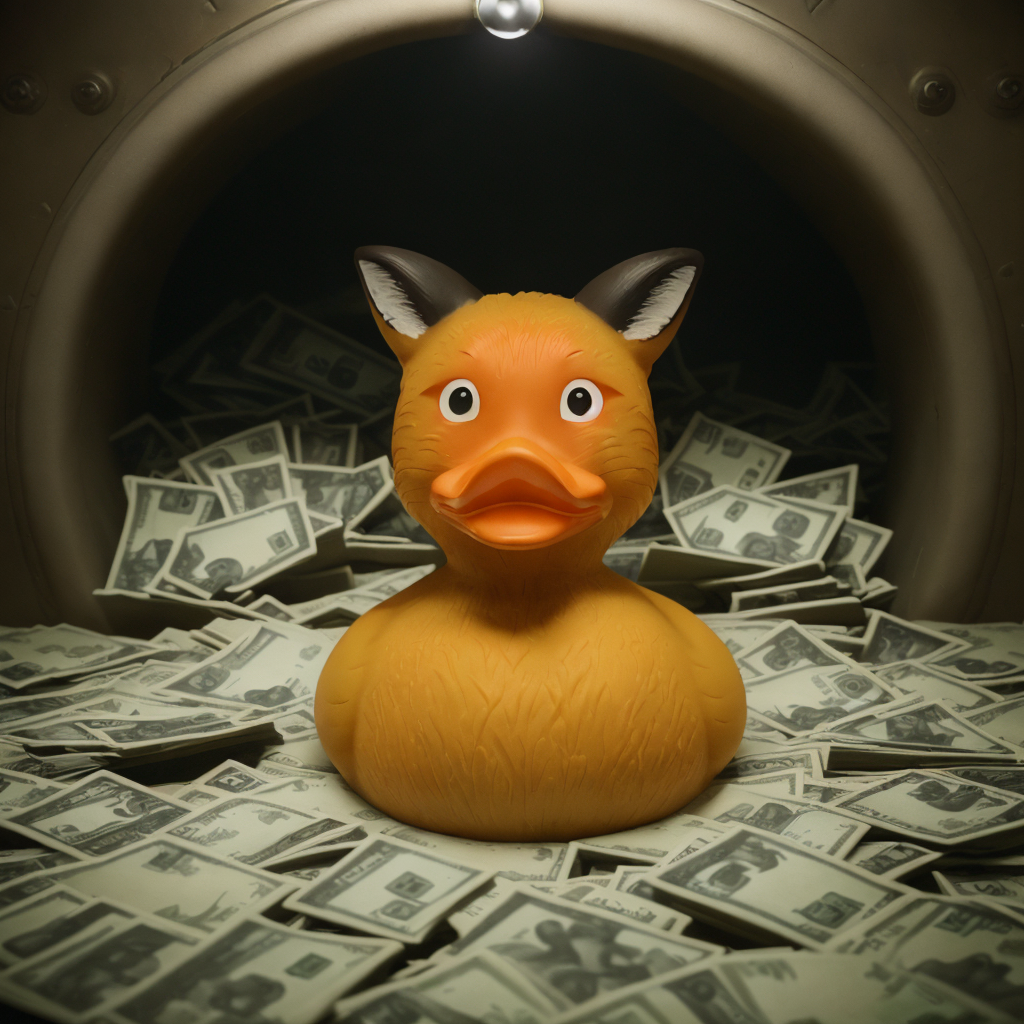 (rubberduck:1.2), many foxes, in a pile of cash, vault, cinematic lighting <lora:rubberduck-000019:1>