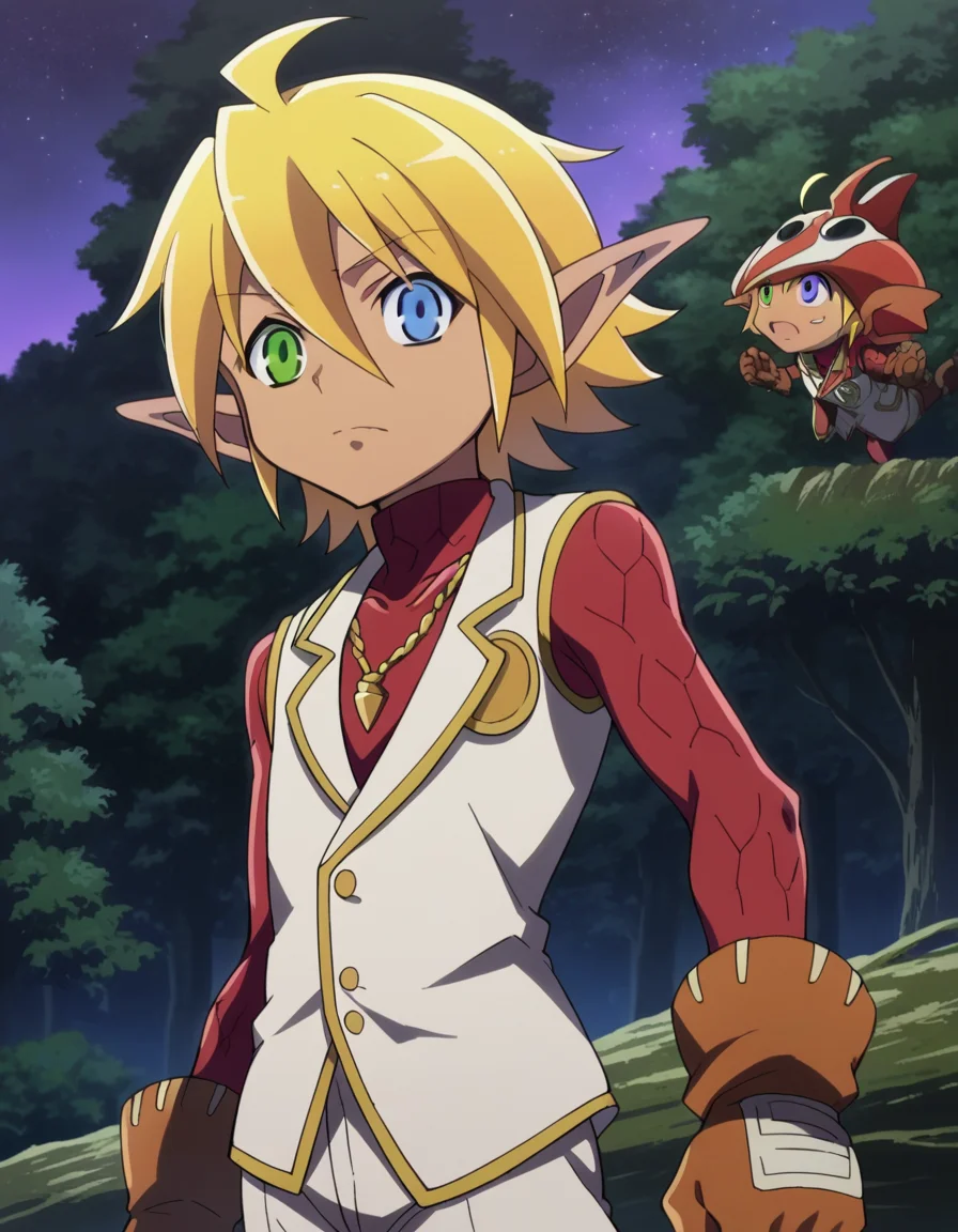 score_9, score_8_up, score_7_up, source_anime,
aurabellafiora, <lora:aura-bella-fiore-ponyxl-lora-nochekaiser:1>,
aura bella fiora, short hair, blue eyes, blonde hair, hair between eyes, green eyes, ahoge, pointy ears, dark skin, heterochromia, elf, dark elf,
gloves, jewelry, necklace, vest, white vest, pants, white pants,
outdoors, night, night sky, forest, nature,