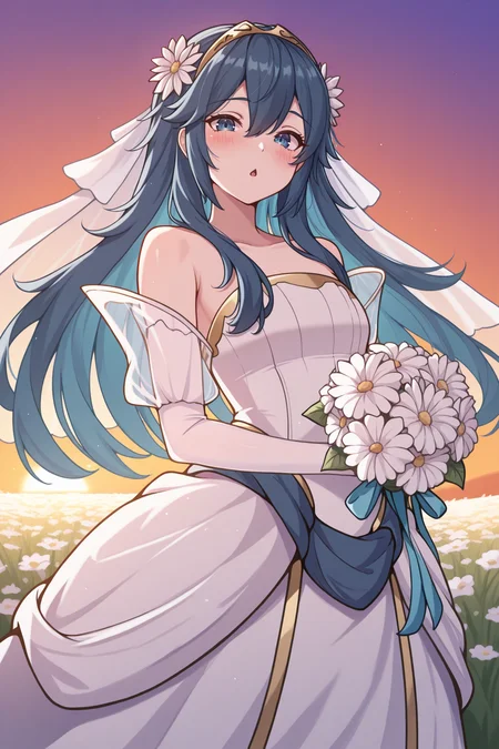 masterpiece, best quality, 1girl, solo, <lora:felucina-illu-nvwls-v1-000005:1> brdLuc, long hair, tiara, bridal veil, hair flower, white flower, wedding dress, strapless, see-through sleeves, white sleeves, holding bouquet, looking at viewer, chestnut mouth, blush, sunset, field