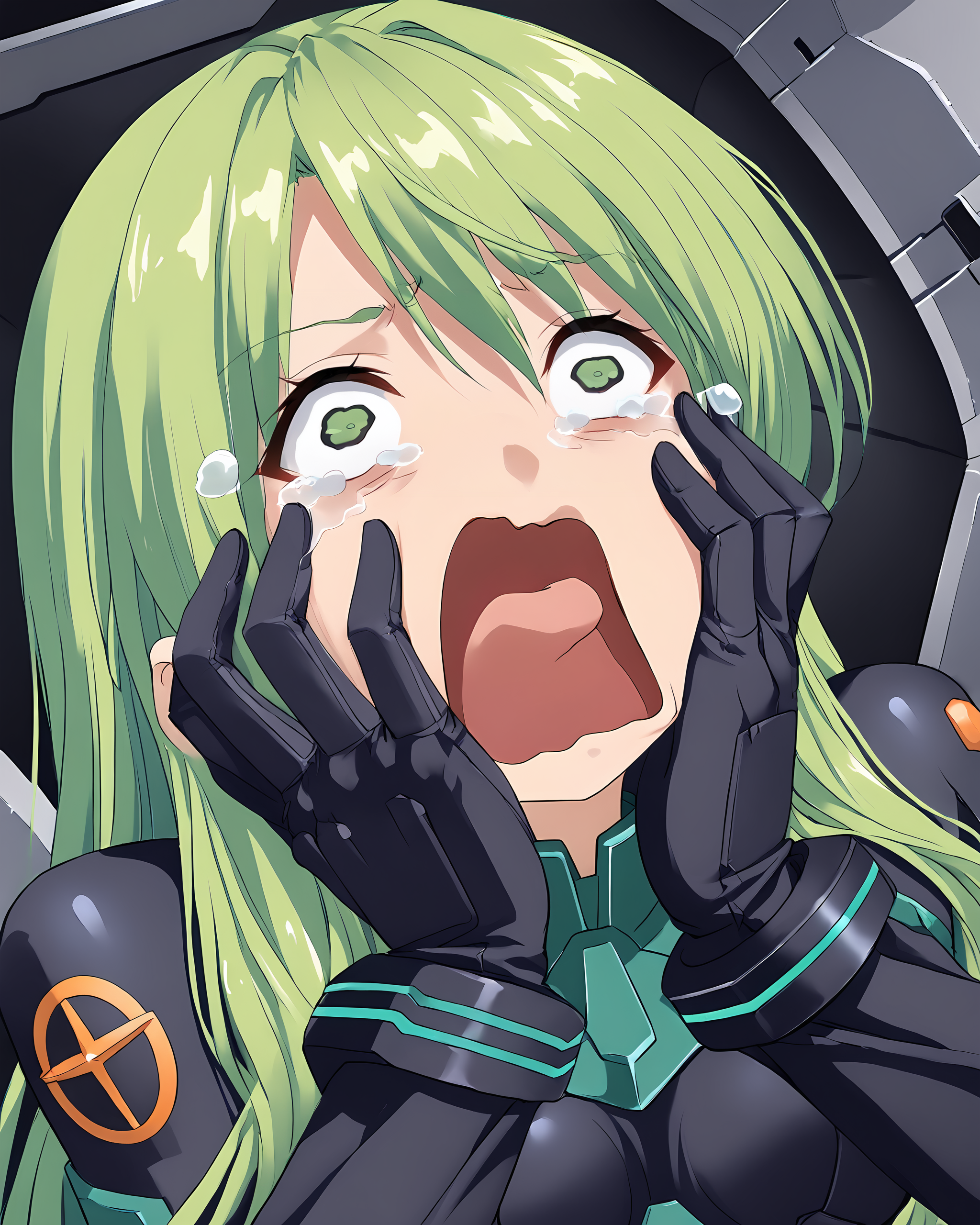 rating_safe, <lora:May_Greenfield_Armored_Core_FORPONY:1> may greenfield, green hair, long hair, bodysuit, <lora:concept_aquascreaming_ponyXL:1> aquascreaming, screaming, open mouth, crying with eyes open, hands on face, gloves, close-up shot, <lora:[SDXL] Sexual Energy Mecha Cockpit (XEZ):0.5> Sexual Energy Mecha Cockpit,