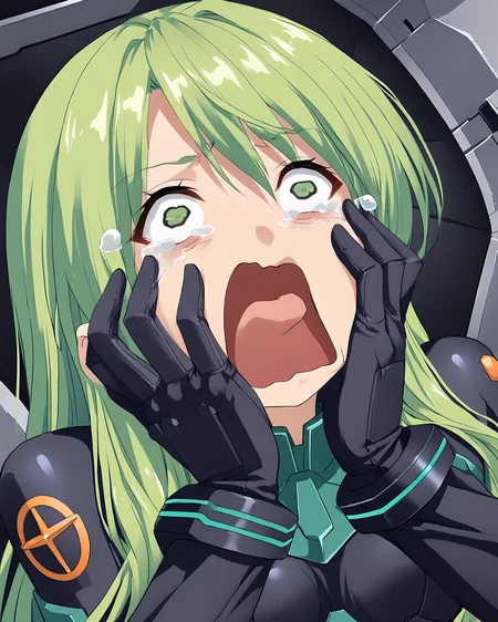 rating_safe, <lora:May_Greenfield_Armored_Core_FORPONY:1> may greenfield, green hair, long hair, bodysuit, <lora:concept_aquascreaming_ponyXL:1> aquascreaming, screaming, open mouth, crying with eyes open, hands on face, gloves, close-up shot, <lora:[SDXL] Sexual Energy Mecha Cockpit (XEZ):0.5> Sexual Energy Mecha Cockpit,