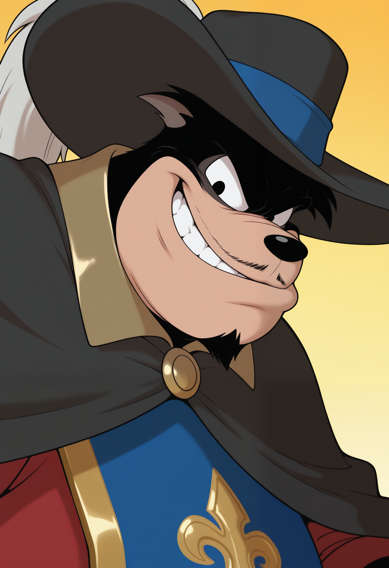 masterpiece,best quality,amazing quality,1boy, solo, p3t3, furry male,facial hair, black cape, blue tabard, cavalier hat, red shirt, close up, side angle, smirk,