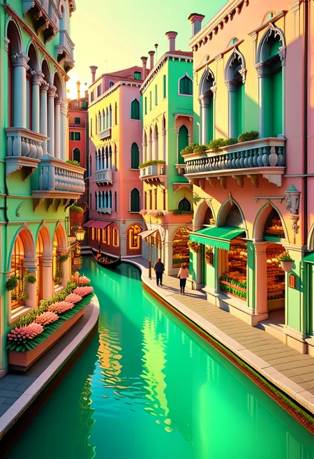 ispzxll, no humans, dioramaplant, isometric, miniature, futuristic soviet-inspired venice building street scene, seaform-green and pale-pink pastel colors, golden hour, long shadows, volumetric lighting style, pedestrians, cars, storefronts, epic architecture, intricate details, potted plants, ultra-detailed, 8k