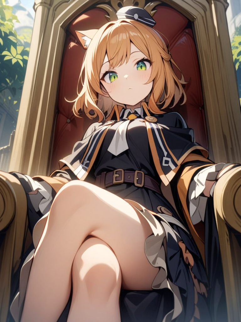 1girl,msakn,green eyes,black dress, small hat ,outdoors,1girl,  sitting, crossed legs,throne, looking down, from bottom, looking at viewer, outdoors, masterpiece, best quality, very aesthetic, absurdres<lora:sdxl_mousse_arknights:1>