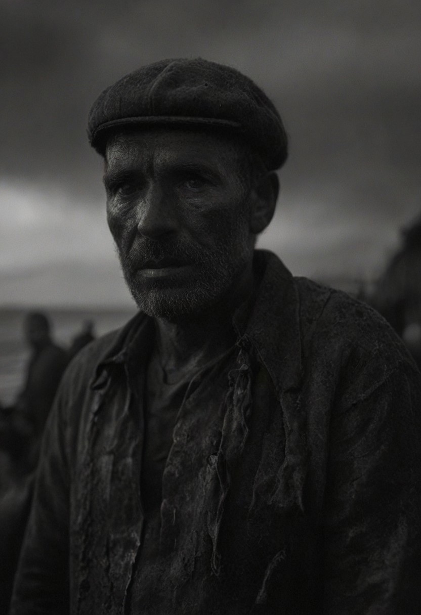 (by Dorothea Lange art style:1.2), FRESHIDEAS Real Photography 2#, chiaroscuro,  low-key, great lighting, Weathered 17th-century retired sailor’s face, reminiscent of Rembrandt’s subjects, with a rugged, leathery complexion, deep-set eyes, and a strong, angular jawline, etched with hints of a thousand tales and the weight of memories. His face displays the lines of age, set against a backdrop of muted, earthy tones. Dramatic shadows cast an air of nostalgia, while the warm, golden hues of the fading dusk light spill across his face, resembling the soft, diffused glow of a setting sun. In the distance, a faint view of his old whaling ship with sails unfurled, other sailors busy at work, hauling in the day’s catch. The horizon glows warmly as the sun sets, casting an evocative, golden hue over the scene. His eyes gaze into the distance, recalling the adventures of a bygone era