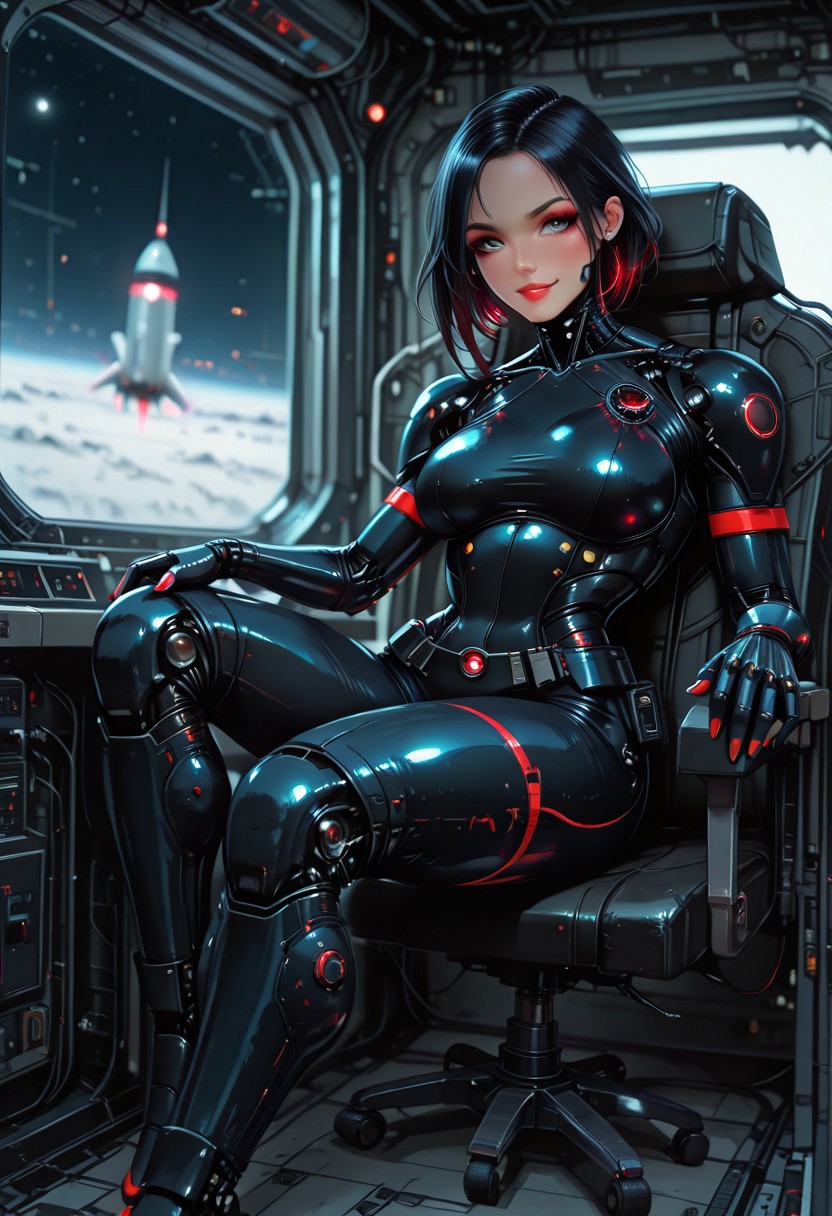 ultra realistic, masterpiece, high detailed skin, best quality, high res, very aesthetic, absurdres, anime style, studio anime, source_ecchi, anime, ((ecchi)), (nsfw), (finely detailed face), (petite body:1.3), <segment:yolo-Anzhc Face seg 640 v2 y8n.pt,0.4,0.5//cid=1>, elst3r, android, robot joints, short hair, black hair, blue eyes large breasts round opulent breats, makeup, smokyeyes, lash, mascara, fingernails, nail polish, red nails, 1girl, sci-fi, sits on the command chair of a spaceship, white space rocket, smile, sexy space suit, sexy space suit, tight space suit, swirl, neon hair, long hair, dynamic angle, in the style of cknc, dynamic lightfront view full body shot, soft ambient glow, dramatic scenery, intricate details, (blurry background, depth of field:1.1)