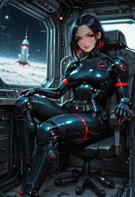 ultra realistic, masterpiece, high detailed skin, best quality, high res, very aesthetic, absurdres, anime style, studio anime, source_ecchi, anime, ((ecchi)), (nsfw), (finely detailed face), (petite body:1.3), <segment:yolo-Anzhc Face seg 640 v2 y8n.pt,0.4,0.5//cid=1>, elst3r, android, robot joints, short hair, black hair, blue eyes large breasts round opulent breats, makeup, smokyeyes, lash, mascara, fingernails, nail polish, red nails, 1girl, sci-fi, sits on the command chair of a spaceship, white space rocket, smile, sexy space suit, sexy space suit, tight space suit, swirl, neon hair, long hair, dynamic angle, in the style of cknc, dynamic lightfront view full body shot, soft ambient glow, dramatic scenery, intricate details, (blurry background, depth of field:1.1)