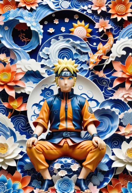 Naruto made out of Bluepatternporcelain in a beautiful colourful anime world , anime style