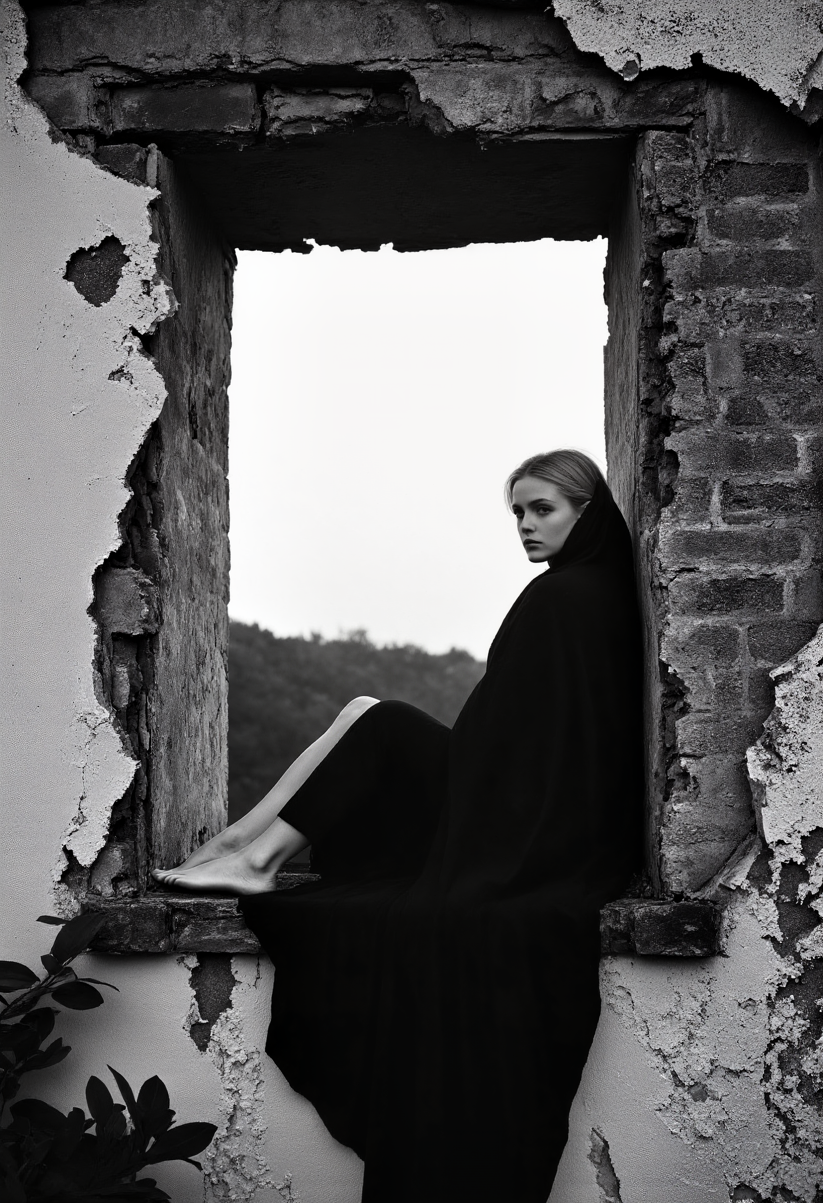 Black and white portrait of a young woman seated in a window opening of a decaying wall.  Woman, perfect body, Caucasian, 20s,  possessing a pensive, introspective expression, medium-sized teardrop-shaped breasts, leaning her back against the inside of the frame.  She wears only a long, that covers the woman completely, draped, black cloak-like garment, flowing over her perfect body and moves dynamically in the strong wind.  Barefoot, her posture is relaxed and contemplative, yet suggests a sense of vulnerability.  Her eyes gaze softly into the distance, to the right.  The broken window frame, with its worn stone and mortar, creates a melancholic and aged atmosphere.  The environment is a decaying structure,  with a weathered, rough brick and concrete wall.  Foliage and out-of-focus background suggest a quiet natural setting.  Composition is centered, with the woman positioned within a framed view.  Low key lighting emphasizes the subject, creating a moody, dramatic feel, strong contrast.  Texture is rough and detailed on the wall.  Classic black and white style.  The image evokes a sense of mystery and solitude, captured in a timeless moment.  Elegant, yet melancholic.
