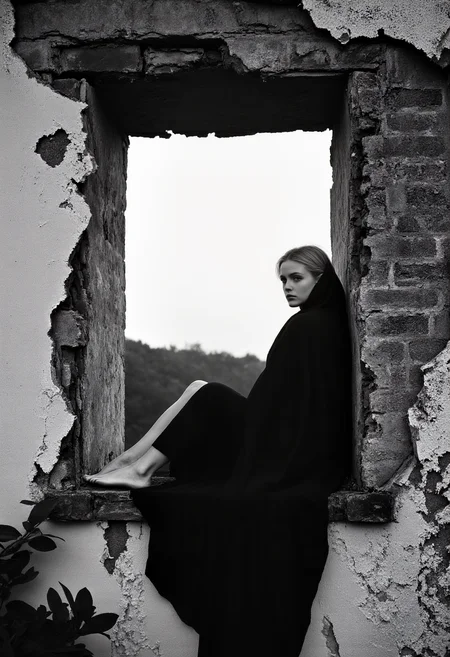 Black and white portrait of a young woman seated in a window opening of a decaying wall. Woman, perfect body, Caucasian, 20s, possessing a pensive, introspective expression, medium-sized teardrop-shaped breasts, leaning her back against the inside of the frame. She wears only a long, that covers the woman completely, draped, black cloak-like garment, flowing over her perfect body and moves dynamically in the strong wind. Barefoot, her posture is relaxed and contemplative, yet suggests a sense of vulnerability. Her eyes gaze softly into the distance, to the right. The broken window frame, with its worn stone and mortar, creates a melancholic and aged atmosphere. The environment is a decaying structure, with a weathered, rough brick and concrete wall. Foliage and out-of-focus background suggest a quiet natural setting. Composition is centered, with the woman positioned within a framed view. Low key lighting emphasizes the subject, creating a moody, dramatic feel, strong contrast. Texture is rough and detailed on the wall. Classic black and white style. The image evokes a sense of mystery and solitude, captured in a timeless moment. Elegant, yet melancholic.