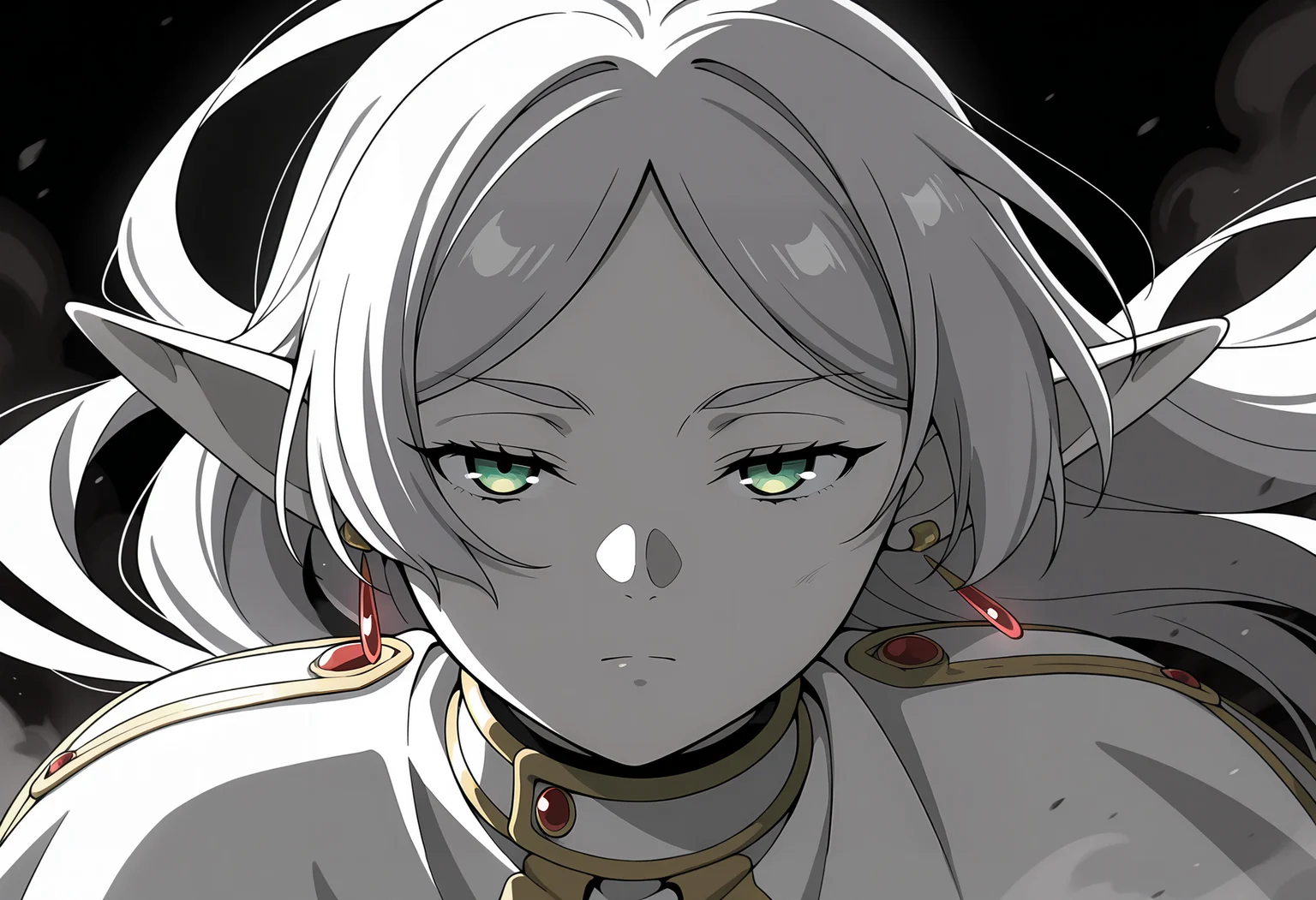 anime screencap, masterpiece, best quality,
<lora:SousouNoFrieren_Frieren_IlluXL:0.9>,
1girl, solo, closed mouth, serious, floating hair, half-closed eyes,
grey hair, long hair, green eyes, parted bangs, earrings, pointy ears,
FrierenCasual, white capelet,
looking at the viewer, close-up, (three quarter view:1.2), (greyscale:1.2),
black theme, dark, dust, dust cloud, black background, backlighting, shade