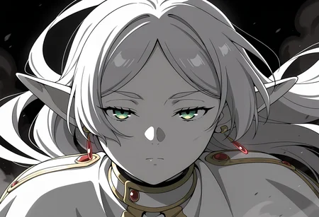 anime screencap, masterpiece, best quality,
<lora:SousouNoFrieren_Frieren_IlluXL:0.9>,
1girl, solo, closed mouth, serious, floating hair, half-closed eyes,
grey hair, long hair, green eyes, parted bangs, earrings, pointy ears,
FrierenCasual, white capelet,
looking at the viewer, close-up, (three quarter view:1.2), (greyscale:1.2),
black theme, dark, dust, dust cloud, black background, backlighting, shade