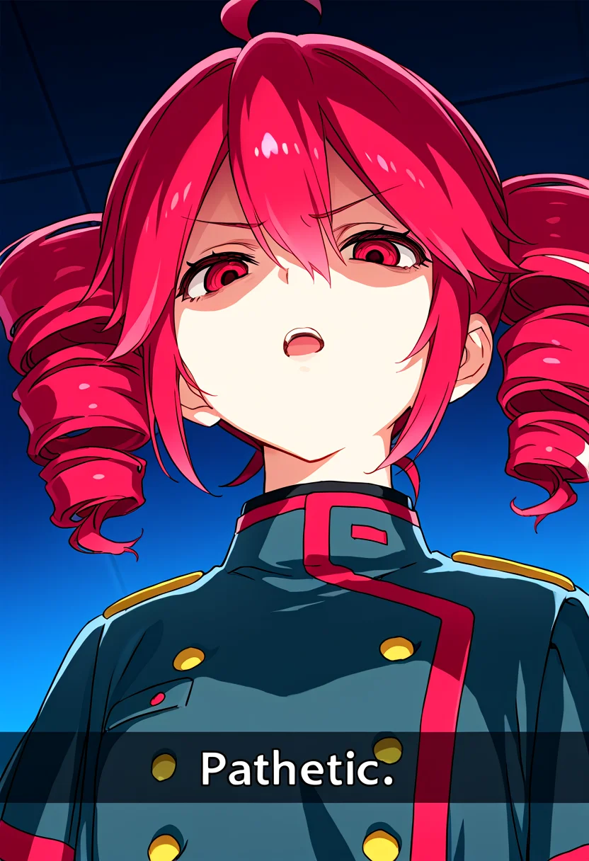 masterpiece, high quality, amazing detail, pathetic_meme, looking down, 1girl, solo, looking at viewer, serious, open mouth, upper body, english text, text:"pathetic", half-closed eyes, kasane teto, <lora:pathetic:1>