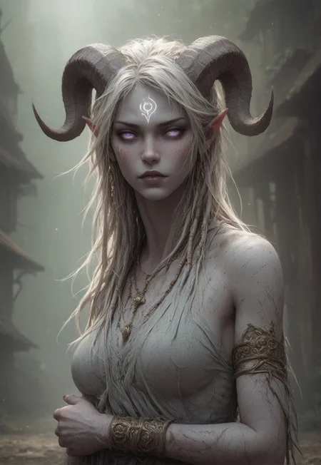(absurdres, best quality, masterpiece:1.4), score_9, score_8_up, score_7_up, score_6_up, detailed, detailed body, detailed face, world of warcraft, fantasy, <lora:add-detail-xl:1.5>,
fFaceDetail, (female, draenei, h0rns, ram horns, white horns, tall, athletic arms, pale white skin, long white hair, purple eyes, no pupils, no sclera, long white tail, long fingers, purple fingernail polish), 
(long loose white dress, white silk scarf, tail under dress, simple armlet, small yellow gem pendant, small yellow gem earrings),
upper body, front view, looking at viewer, 
depth of field, outdoors, (fantasy faire, wooden village), (crowds in background, fantasy clothing, human, varied clothing)