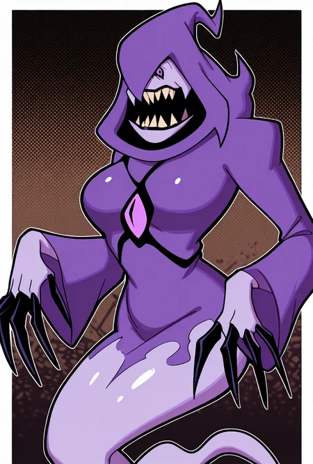 <lora:zskayr-10:1> zskayr, no humans, solo, monster, teeth, black claws, pokemon (creature), single purple eye, , purple skin, sharp teeth, , black sclera,, ghost tail, purple hood, upper body, , no legs, dynamic pose, <lora:welwraith-guy90-Illust-Lycorisv1:1> welith, curvy, 1girl, black lipstick, smile,, masterpiece, best quality, amazing quality, very aesthetic, absurdres, newest,, upper body, halftone effect, white borders, abstract background:1.2,