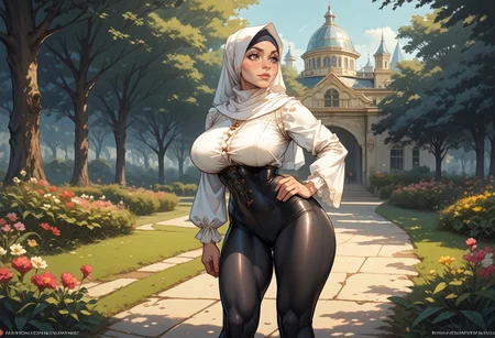 l0rdstevie, ((vntgpark)), solo, 1girl, side view posing, arched back, vintage park, large breasts, toned body, wide hips, (hijabwitch), hijab, leggings, white top, underbust, building, tree:0.6, flower:0.7, score_9, score_8, score_7, score_6_up, <lora:Pony_DetailV2.0:1><lora:Lordstevie_style-10:0.5> <lora:VintagePark:0.45> <lora:Hijabwitch:0.8>