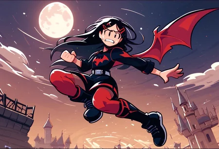 score_9, score_8_up, score_7_up, score_6_up, score_5_up, score_4_up, prngs,
BREAK,
Sickle_20s, black tunic, bat logo, belt, red stockings, black shoes, long hair, black hair, hair clip, (wings), no sclera, (flying), nervous, wide eyes, teeth, sweat,
BREAK,
clouds, night, glowing moon, stars, castle, village