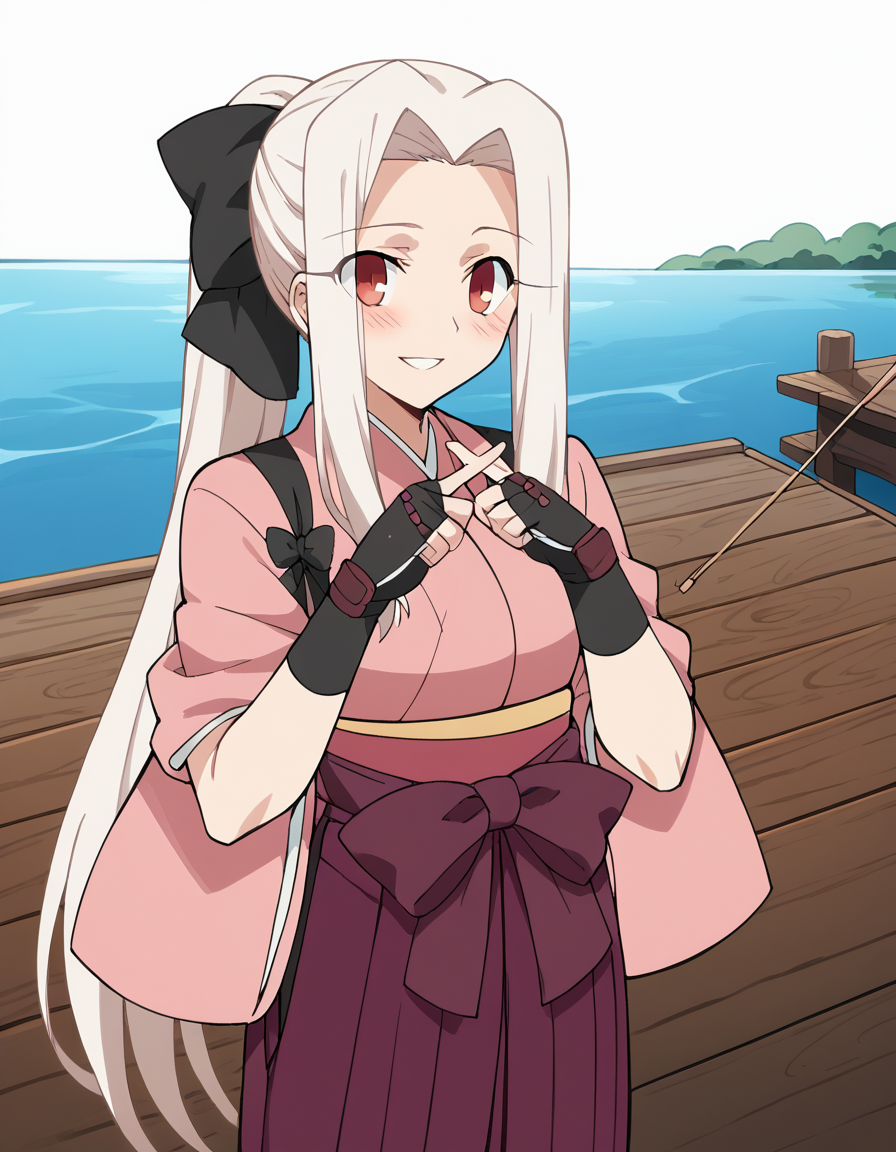 score_9, score_8_up, score_7_up, source_anime, <lora:irisviel-von-einzbern-zero-anime-ponyxl-lora-nochekaiser:1>, irisviel von einzbern, long hair, red eyes, white hair, parted bangs, hair intakes, mature female,, bow, ponytail, hair bow, japanese clothes, kimono, sash, hakama, purple hakama, gloves, pink kimono, hakama skirt, black bow,, pier, wood, water, fishing, dock, smile, <lora:x-fingers-ponyxl-lora-nochekaiser:1>, x fingers, blush, parted lips,, looking at viewer, solo,, dutch angle, cowboy shot