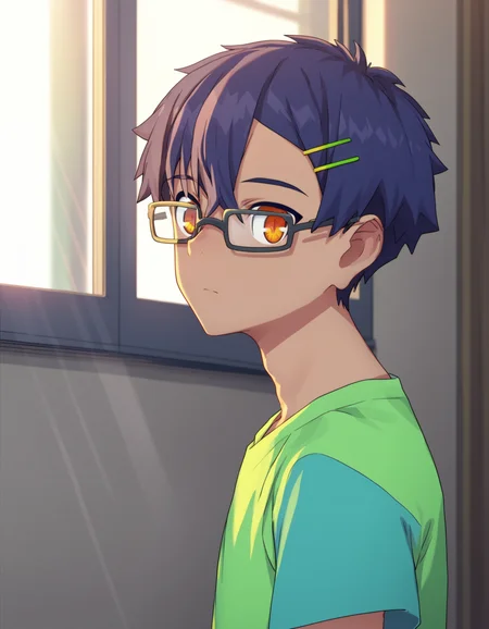 score_9, score_8_up, score_7_up, score_6_up, indoors, window, sunlight, from side, 1boy, solo, yomogi_asanaka, blue hair, orange eyes, short hair, bangs, hair between eyes, hairclip, glasses, green t-shirt, looking at viewer <lora:rukiruki_AMXL_v1e-ShoAI:1> <lora:yomogi_asanaka_pony:1>