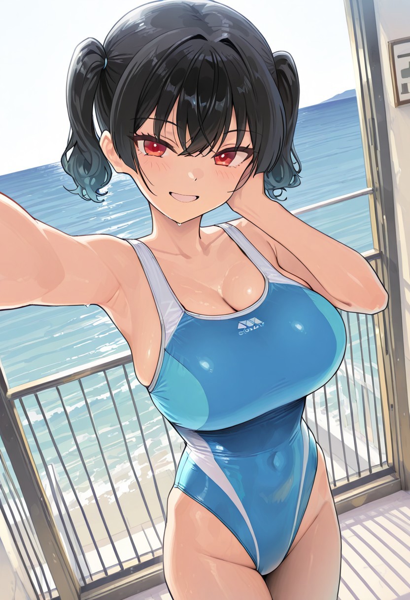 score_9, score_8_up, score_7_up, score_6_up, source_anime, BREAK, 1girl, solo, (( <lora:sasaki_kanna:1> , sasaki_kanna, piercing red eyes, clear eyes, bright pupils, beautiful eyes, beautiful black hair, short twintails, bangs, left side ponytail, thin waist, wide hips, beautiful skin, huge and shaggy breasts, short busty woman, natural beauty, extraordinary beautiful woman, attractive woman, super sexy woman, lustful body, sexy woman with seductive obscene body, sensual body, voluptuous body, sexy beauty, )) , cowboy shot, sexy, seducative smile, ((blue cut-out one-piece competitive swimsuit, obscene cleavage, huge cleavage, blue hair ties, )) , head rest, looking at viewer, mediterranean, ocean, balcony, backlighting, decorations, parted lips, open mouth, dutch angle, selfie, beautiful smile,