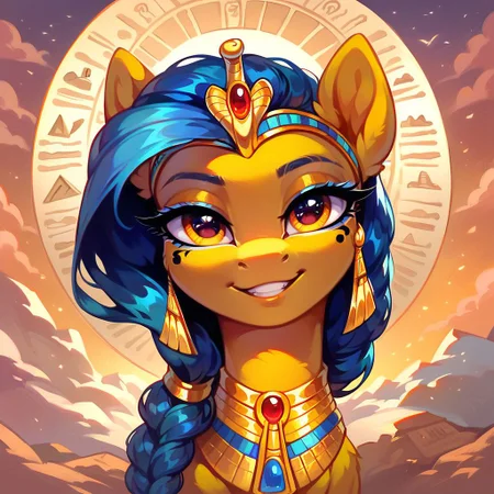 masterpiece, score_9, score_8_up, score_7_up, score_6_up (best quality:1.1), ultra-detailed, high resolution, 1character, The sphinx, (((beautiful detailed eyes))), Long eyelashes, Looking At Viewer, Highly Visible, (((8k))), sphinx pony, MLP, G4, from Equestria at War, female, portrait of a leader, Egyptian outfit, sharp focus, perfect lighting, beautiful eyes, Egyptian eye makeup, detailed outfit, long eyelashes, anatomically correct, extremely detailed, (Desert with pyramids), shine on body, high detail, cute face, Evil smile, watercolor, Expressiveh, detailed background, OverallDetail, zPDXL2