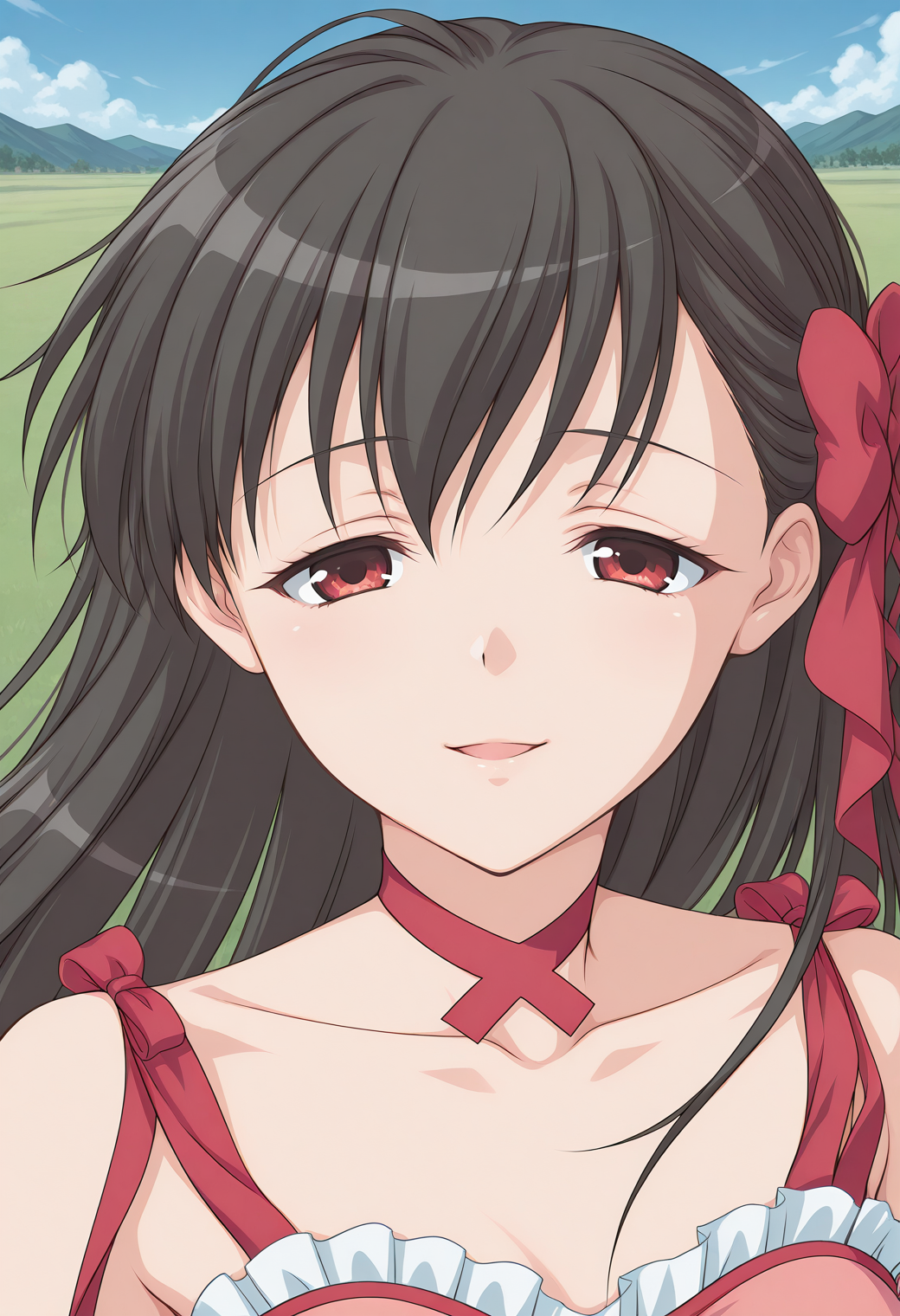 hiraishi_nagisa, red eyes, black hair, long hair, hair bow, hair ribbon, ribbon, choker, frills, pink dress, wrestling outfit,, <lora:shiraishi_nagisa_illustrious_ver1:0.8> 
smile,, masterpiece, best quality, sensitive,, 1girl, solo, blue sky, (grasslands:1.2), looking at viewer,, (upper body:1.2), (close-up:1.2), (facing viewer:1.2), (open eyes:1.4), (portrait:1.2)