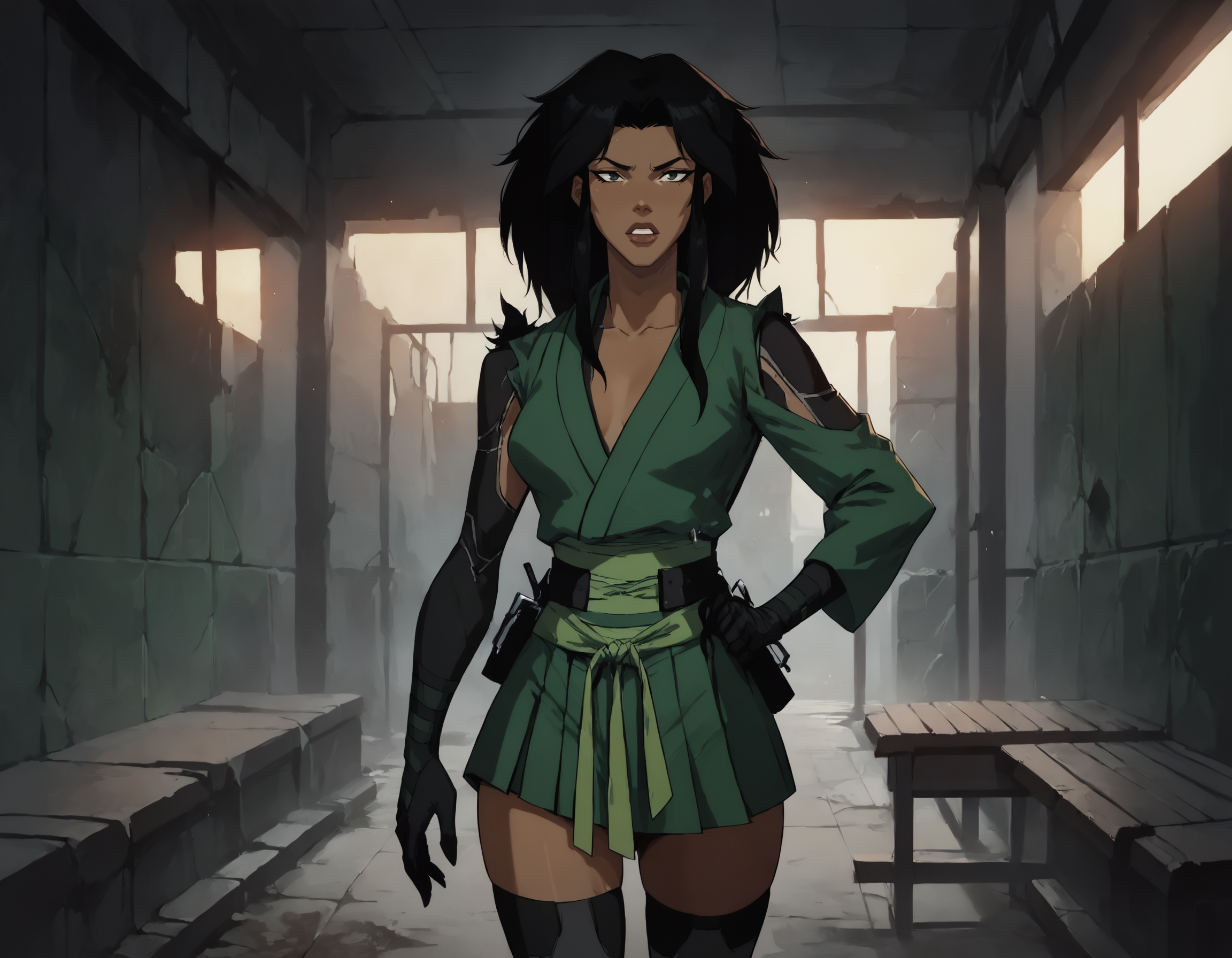score_9, score_8_up, score_7_up, face focus, extreme closeup, detailed face, 1girl, woman, a mature female, (tall slim athletic female:1.3), skinny, dark-skinned female, black hair, (Standing with one hand over the heart), 
gloves, thighhighs, japanese clothes, black gloves, black thighhighs, green kimono, bodysuit, belt,
(abandoned warehouse, industrial),
ch3shire,
 <lora:ch3shire:1>,
 <lora:Blacklight_XL:0.5> blacklight,
 <lora:- SDXL - vanta-black_contrast_V3.0:0.5>,
 <lora:Concept Art DarkSide Style LoRA_Pony XL v6:0.5>, low light,