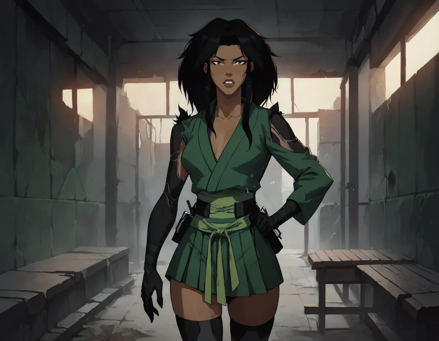 score_9, score_8_up, score_7_up, face focus, extreme closeup, detailed face, 1girl, woman, a mature female, (tall slim athletic female:1.3), skinny, dark-skinned female, black hair, (Standing with one hand over the heart),
gloves, thighhighs, japanese clothes, black gloves, black thighhighs, green kimono, bodysuit, belt,
(abandoned warehouse, industrial),
ch3shire,
<lora:ch3shire:1>,
<lora:Blacklight_XL:0.5> blacklight,
<lora:- SDXL - vanta-black_contrast_V3.0:0.5>,
<lora:Concept Art DarkSide Style LoRA_Pony XL v6:0.5>, low light,