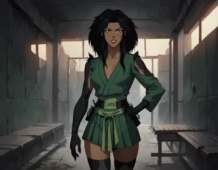 score_9, score_8_up, score_7_up, face focus, extreme closeup, detailed face, 1girl, woman, a mature female, (tall slim athletic female:1.3), skinny, dark-skinned female, black hair, (Standing with one hand over the heart),
gloves, thighhighs, japanese clothes, black gloves, black thighhighs, green kimono, bodysuit, belt,
(abandoned warehouse, industrial),
ch3shire,
<lora:ch3shire:1>,
<lora:Blacklight_XL:0.5> blacklight,
<lora:- SDXL - vanta-black_contrast_V3.0:0.5>,
<lora:Concept Art DarkSide Style LoRA_Pony XL v6:0.5>, low light,