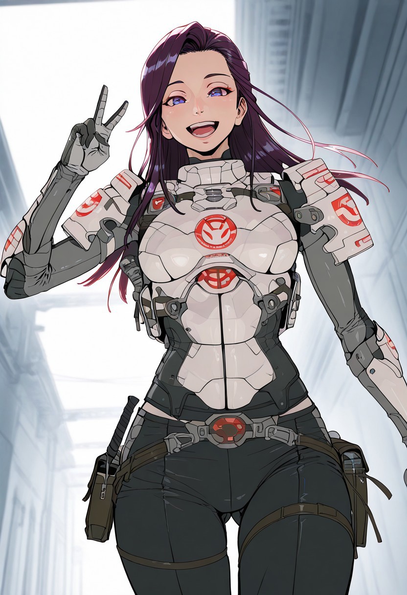 masterpiece, best quality, amazing quality,  Smooth Quality, hard lighting, close up, upper body, 
detailed Background, yuriko, looking at viewer
1girl, black hairs, long hairs, JSA, wearing light armor, running, indoor, white armor, black pants, red details, sci-fi, V, happy, solo, indoor, from below, purple hairs, multi colored hairs, kawaii