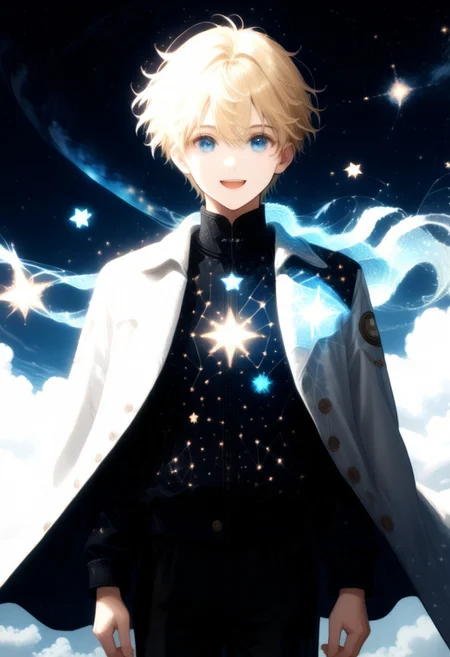 , score_9, score_8_up, score_7_up, 1boy, highly detailed, aesthetically stunning, anime-style, blonde-haired, blue-eyed, young man, short hair, bangs, smiling, open mouth, white coat, long sleeves, white baggy shorts, glowing scarf, floating, space setting, starry sky, star symbols, intricate, luminous, amazing aesthetic, intricate details