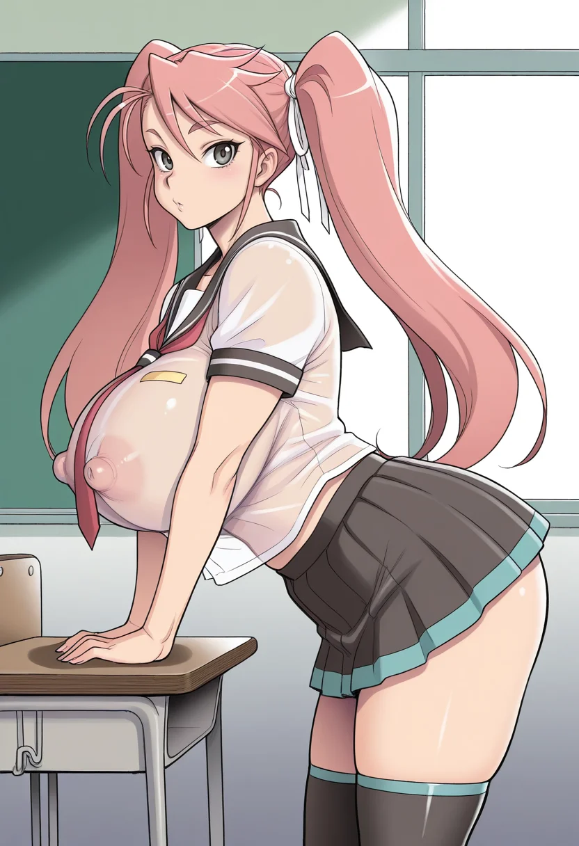 masterpiece, best quality,
<lora:Kakugari_Kyoudai:1> K4k0g4r1K100d41, 1girl, solo,standing, from side, looking at viewer, takagi saya, huge breasts, hanging breasts, school uniform, miniskirt, covered nipples, see-through clothes, thighhighs, indoors, classroom, 1girl, solo, cowboy shot, front view,hatsune miku,