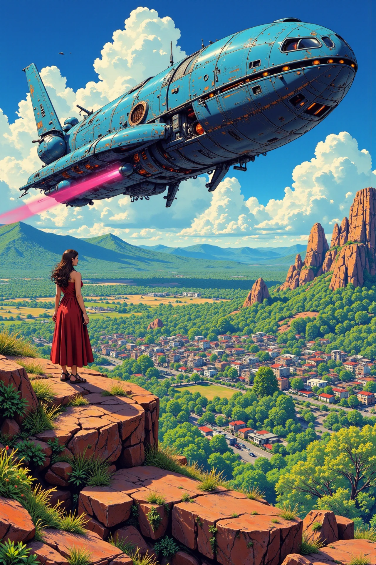 an alien spaceship arriving in the city beautiful landscape, wind, woman, very intricate, very detailed, sharp, bright, colorful, <lora:Hand v2:0.5> <lora:Anti-Blur:1><lora:Insane Detail Slider:0.25>  <lora:flux.1_lora_flyway_Epic-detail_v2:0.3> <lora:fluxenhancer:0.25> <lora:ROWER:0.6> <lora:flux-charmer-v1-1:0.4>>   <lora:90s-anime:1> retro anime, 77oussam 90s, 1990s anime