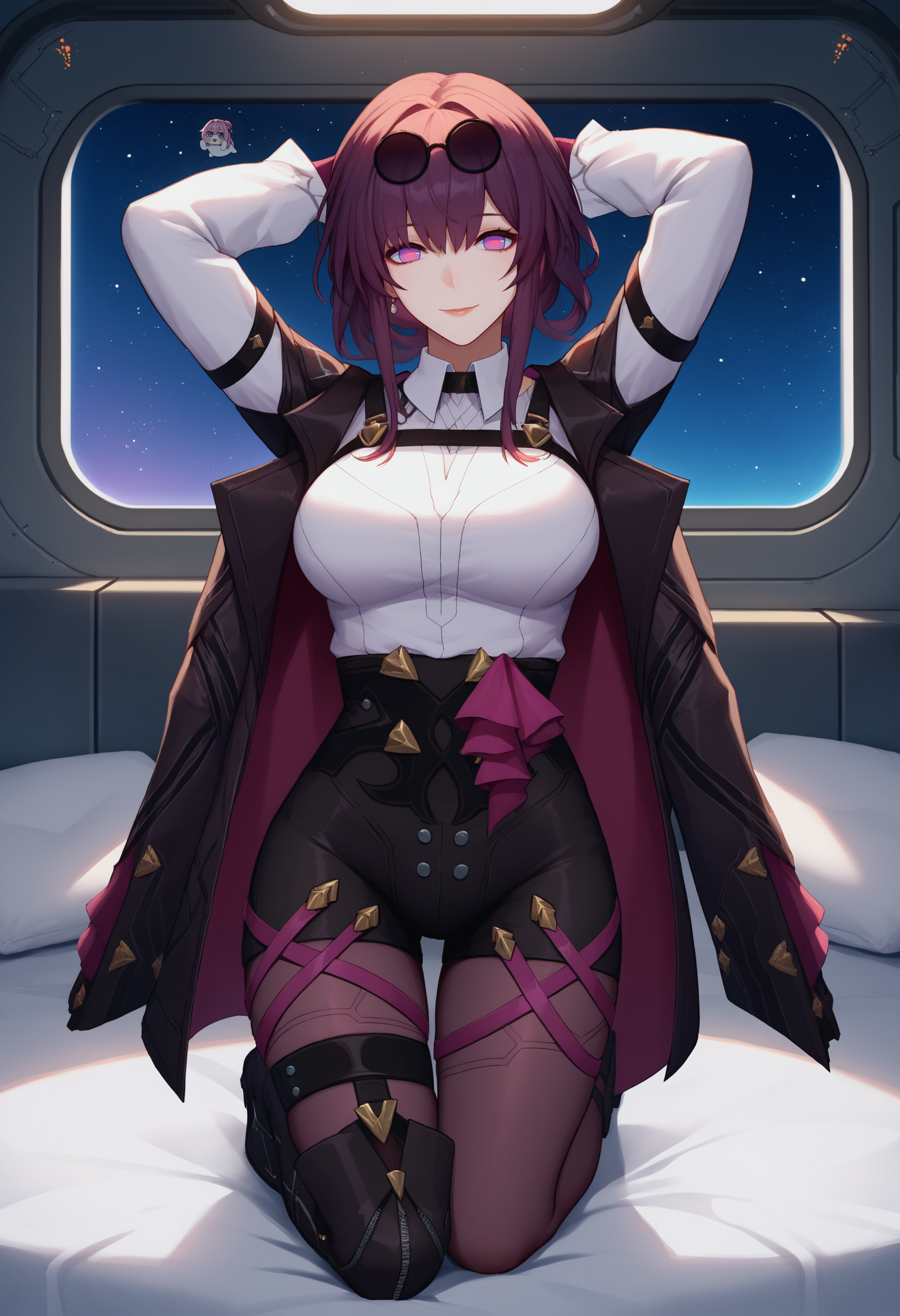 <lora:kafka_hsr_xypher_pdxl_v1:0.9> score_9, score_8_up, score_7_up BREAK source_anime, kafka, no pupils, eyewear on head, smile, collared shirt, chest harness, jacket on shoulders, purple gloves, high-waist shorts, pantyhose under shorts, thigh straps, long sleeves, asymmetrical footwear, single thigh boot, leg belt, black boots, kneeling, arms behind head, bed, science fiction, spacecraft interior, window, starry sky, dark theme