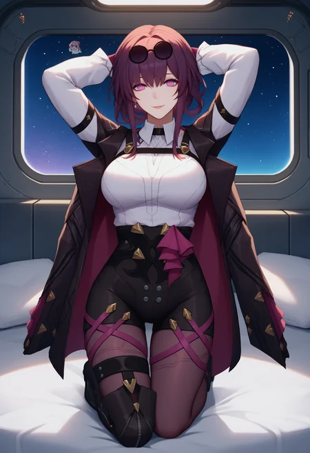 <lora:kafka_hsr_xypher_pdxl_v1:0.9> score_9, score_8_up, score_7_up BREAK source_anime, kafka, no pupils, eyewear on head, smile, collared shirt, chest harness, jacket on shoulders, purple gloves, high-waist shorts, pantyhose under shorts, thigh straps, long sleeves, asymmetrical footwear, single thigh boot, leg belt, black boots, kneeling, arms behind head, bed, science fiction, spacecraft interior, window, starry sky, dark theme