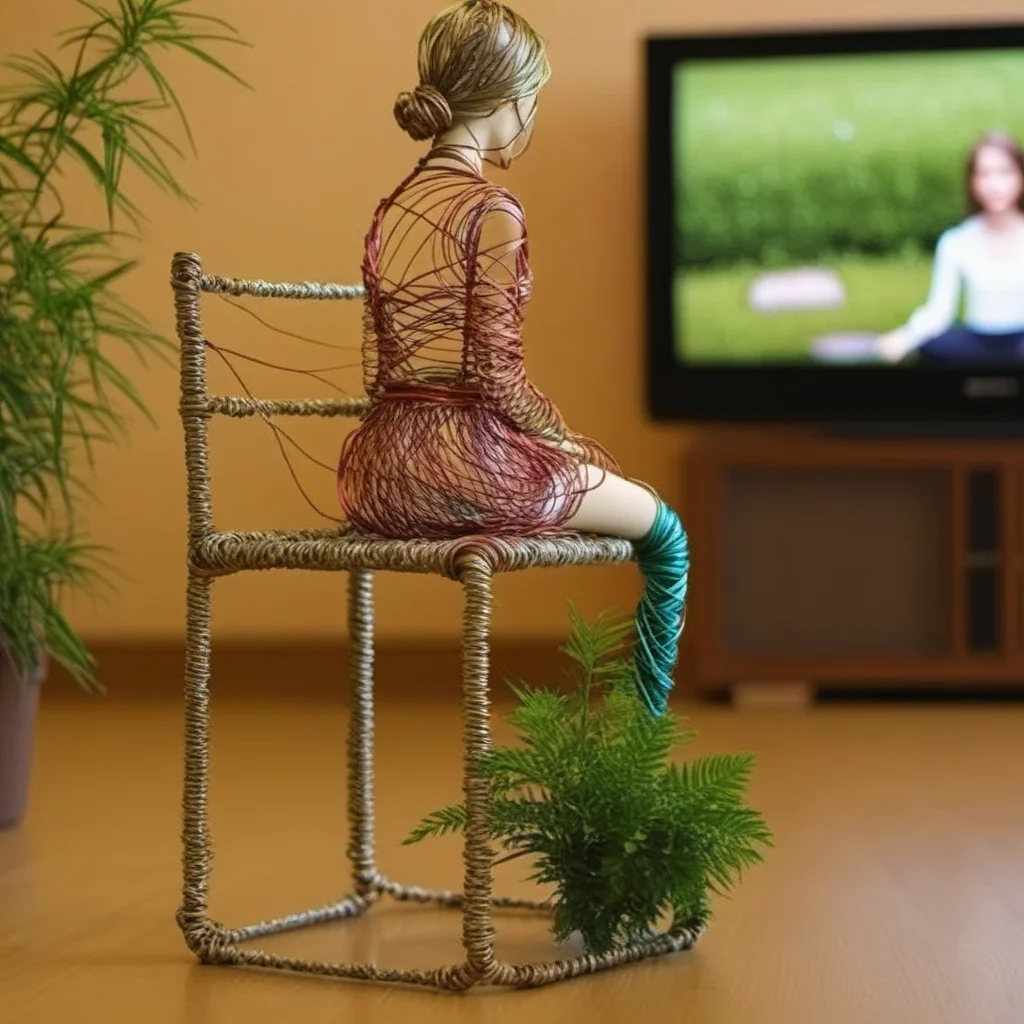 wire art, The girl sits watching the audience, closeup, the TV, the plants <lora:éä¸èºæ¯:0.7>